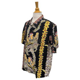 Vintage Prints Hula Girl & Flower Lei Print Aloha Shirts Black | Vintage Aloha Shirts Brand: Kamehameha - 0
