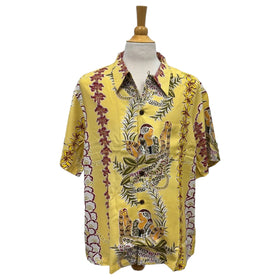 Vintage Prints Hula Girl & Flower Lei Print Hawaiian Shirt Yellow | Vintage Aloha Shirts Brand: Kamehameha - 0
