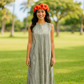 ALine Cotton Long Dress Hawaiian Lei Sage Green