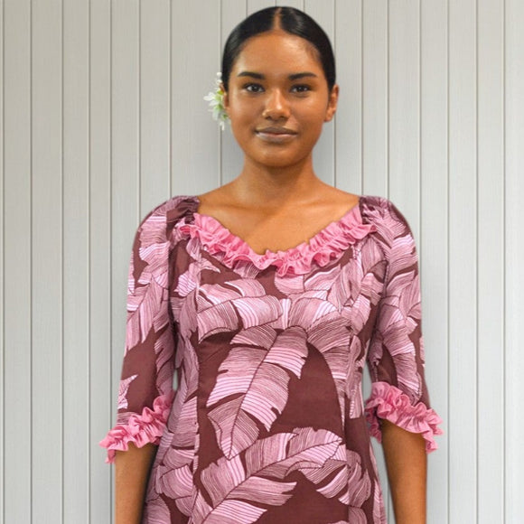 Banana Leaf Hawaiian Dress Maroon Pink