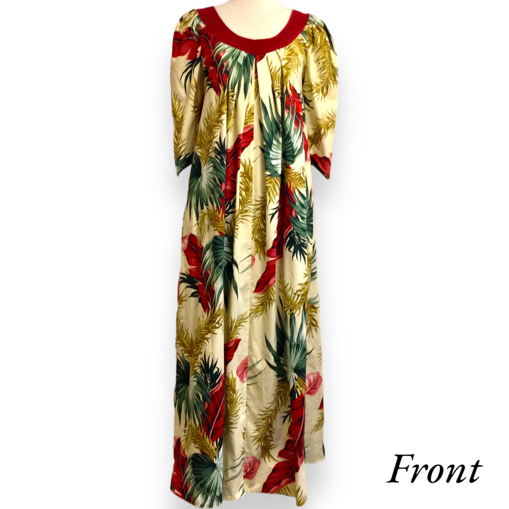 Red Velvet Collar Tropical Leaf Hawaiian Muumuu Dress 2081