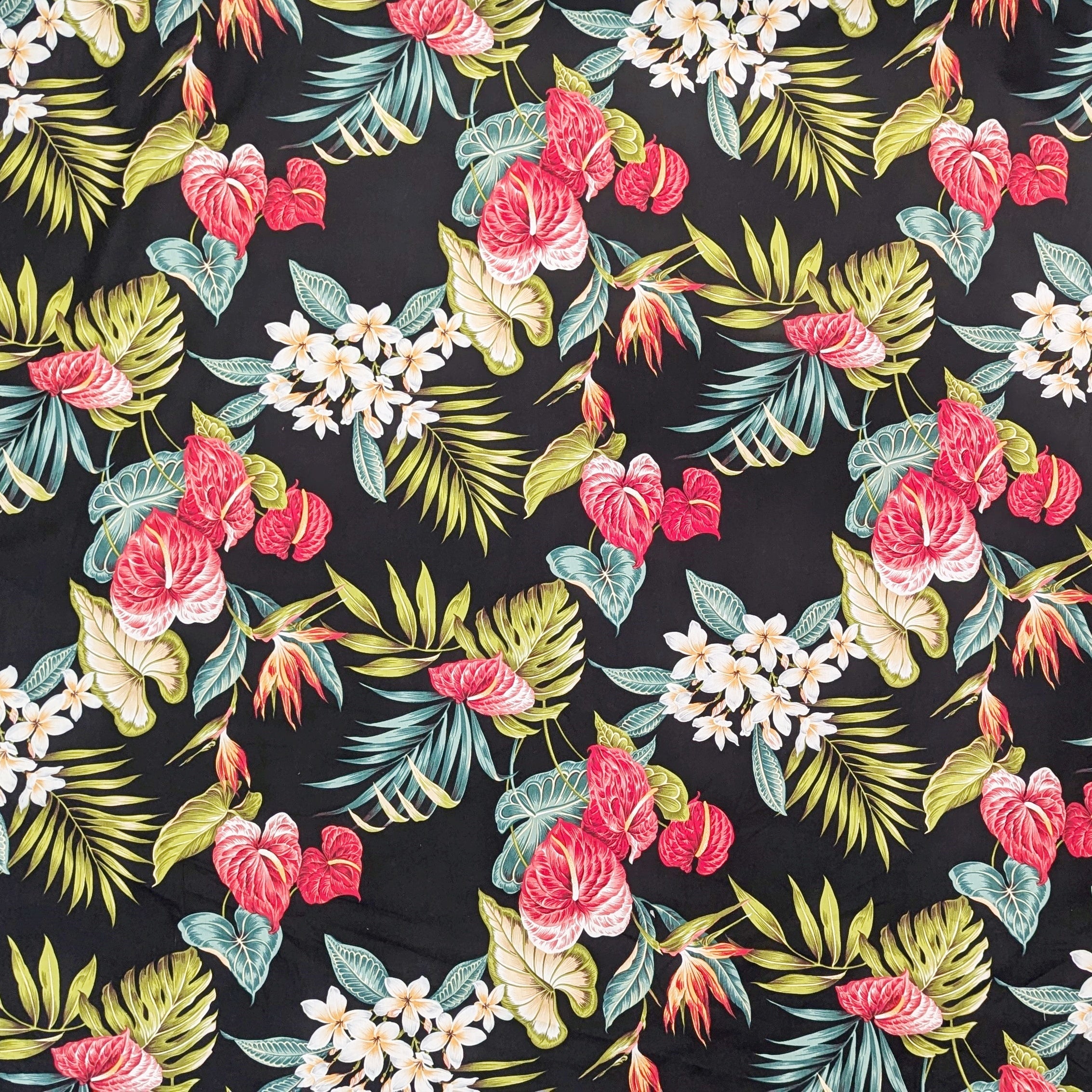 anthurium fabric Black Hawaiian Fabric with Anthurium and Hibiscus Print, 100% Cotton