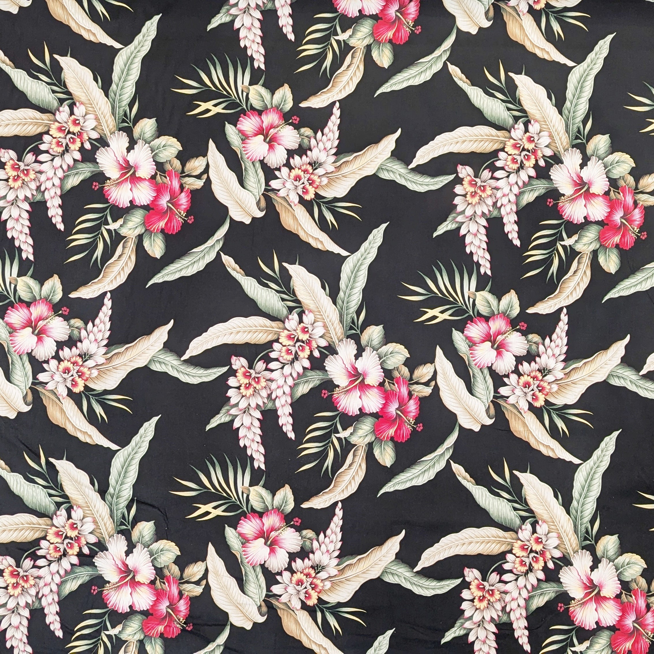 Black Hawaiian Fabric with Printed Hawaiian Flowers, Elegant and