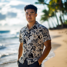 Black Hawaiian Aloha Shirt with Pineapple and Hibiscus Print