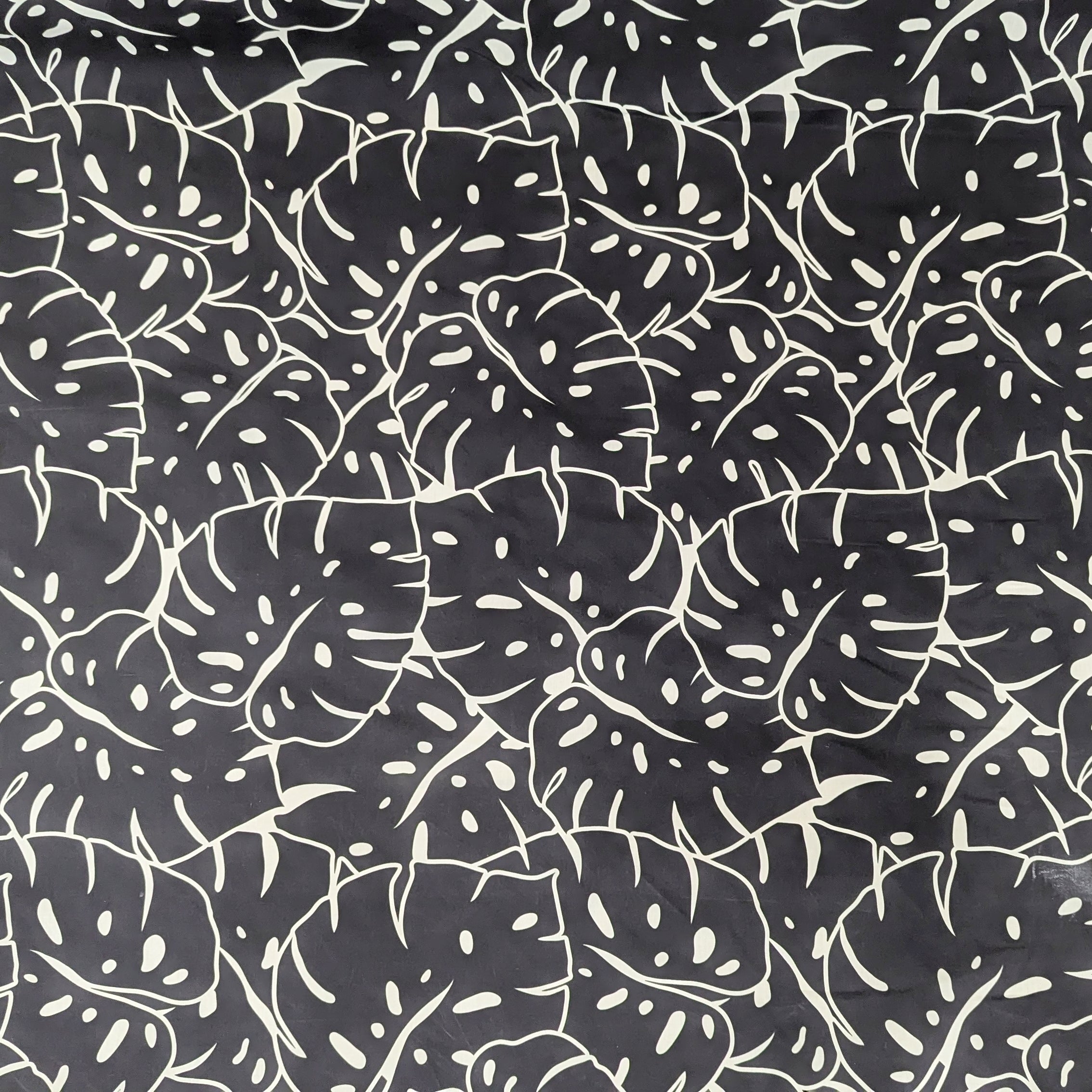 Black Monstera Outline Hawaiian Fabric – Modern Island Print Polycotto
