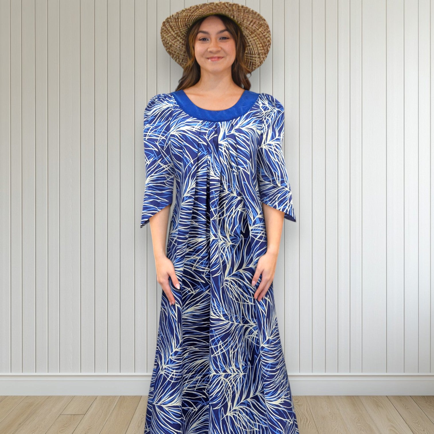 Blue Palm Breeze Cotton Muumuu with Velvet Yoke MR144 L Blue Palm Breeze Cotton Muumuu with Velvet Yoke MR144 L