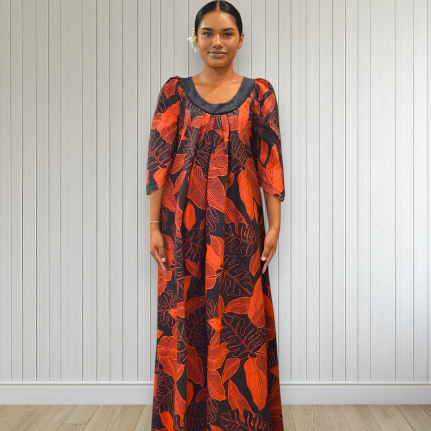 Crimson Shadow Muumuu Dress – Black & Red Leaf Print, Velvet
