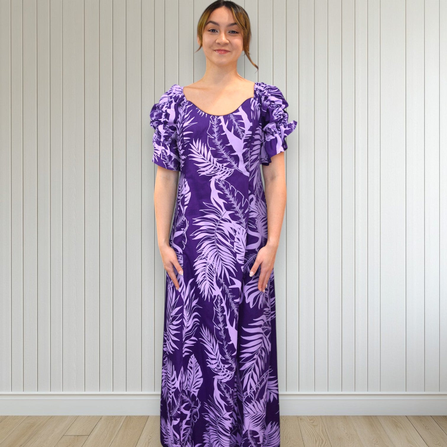 Elegant Purple Hawaiian Leaf Long Flare Dress / Muumuu Mall 14 Elegant Purple Hawaiian Leaf Long Flare Dress / Muumuu Mall 14