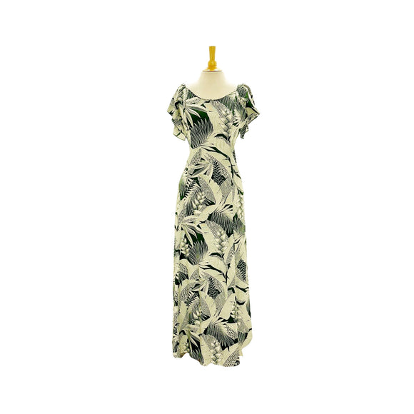 Flare Sleeve  Hawaiian plants Print Rayon Dress - khaki