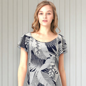 Flare Sleeve  Hawaiian plants Print Rayon Dress - Navy
