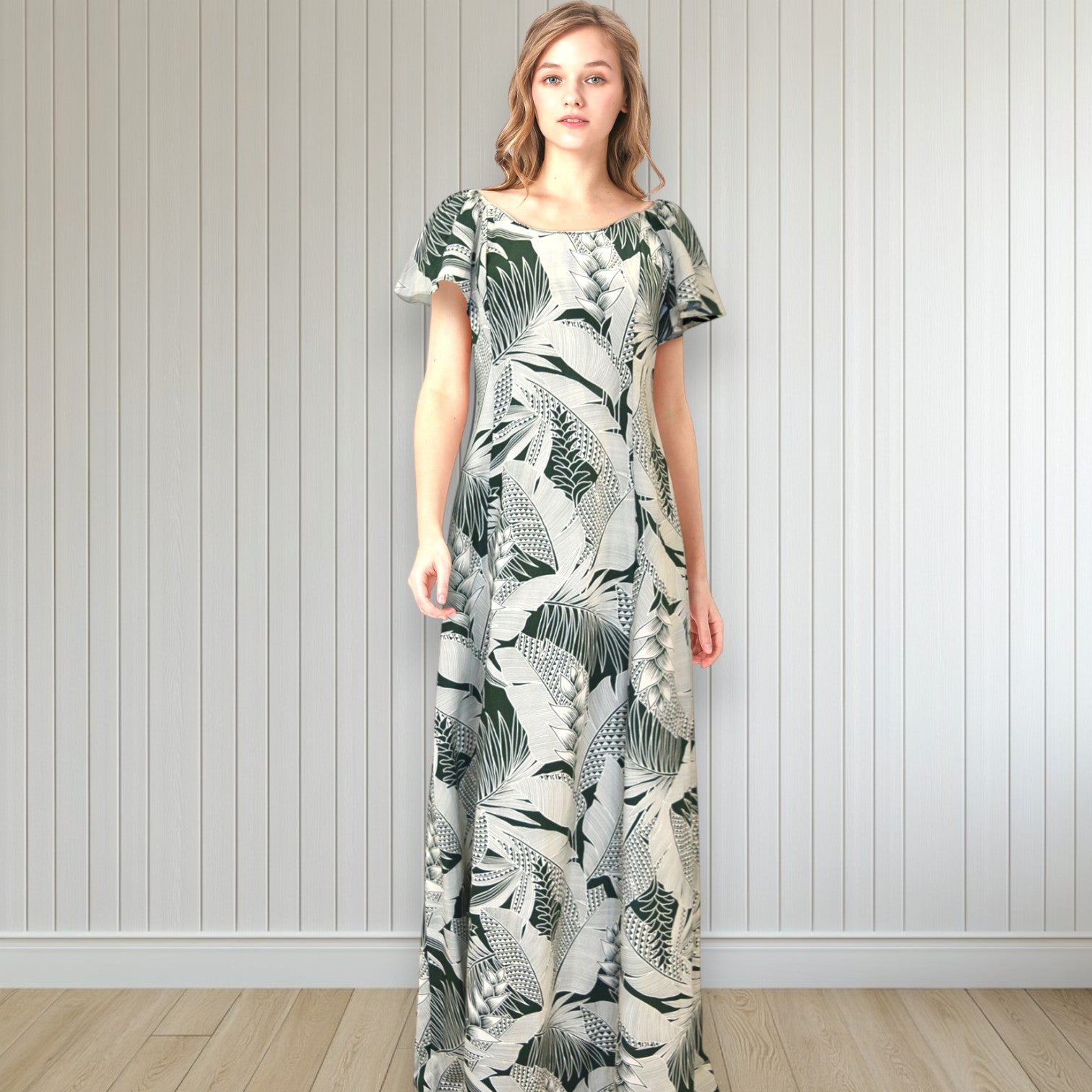 Flare Sleeve Hawaiian plants Print Rayon Dress - khaki 2869 8