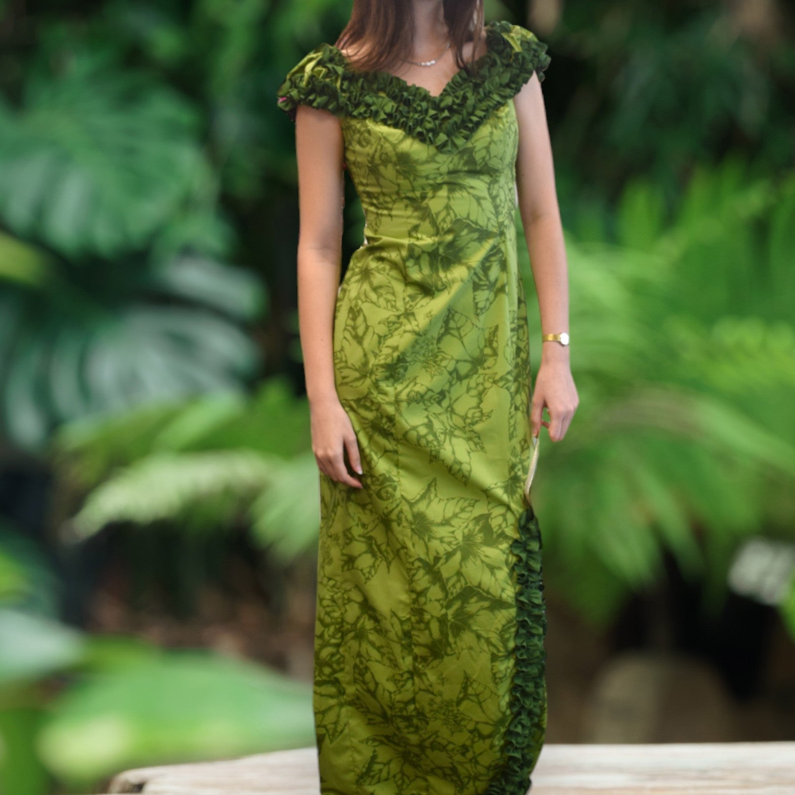 green mumu dress Green Muumuu Dress With Baby Ruffle