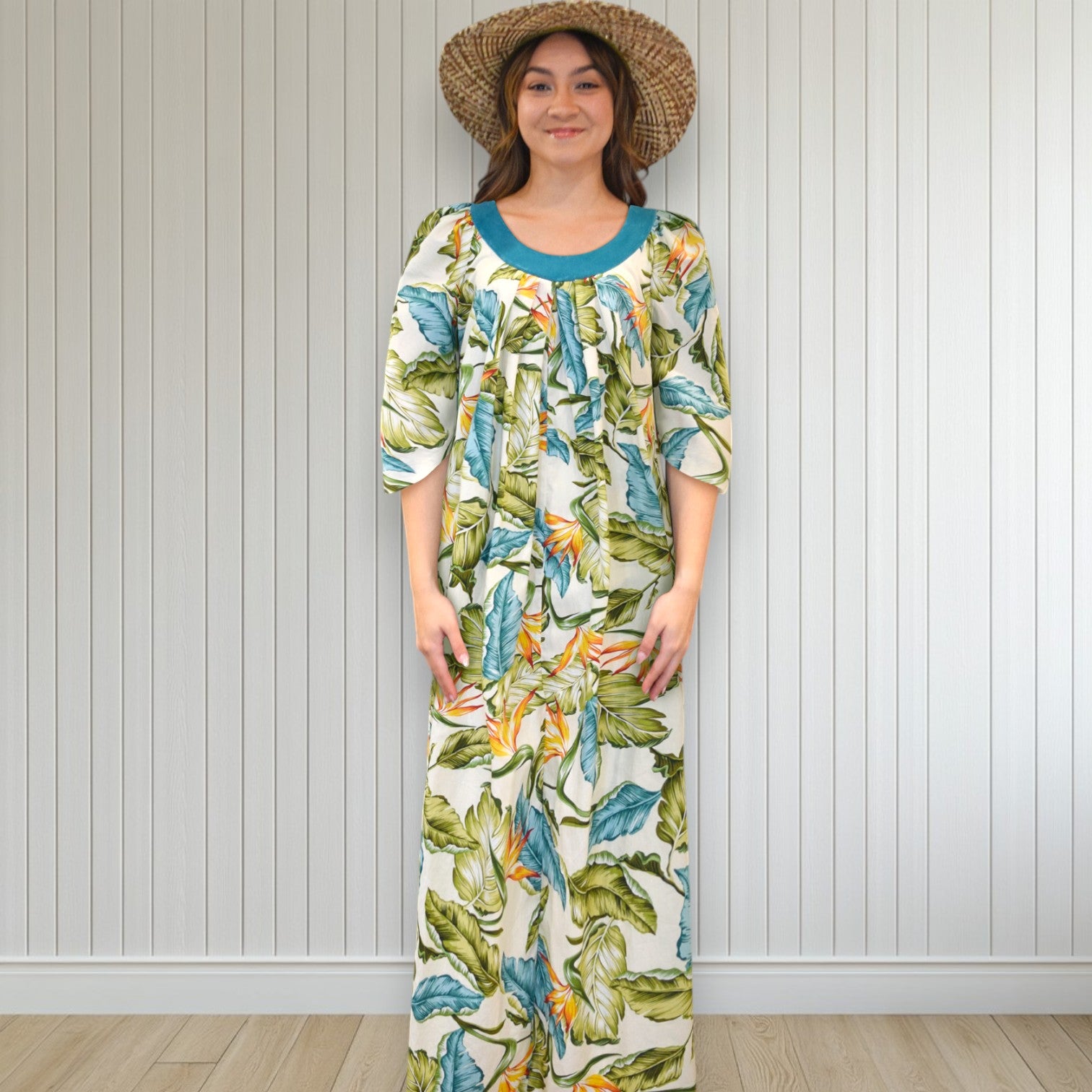 Green Velvet Collar Birds Paradise & Hawaiian Leaf Muumuu Dress 2081 / MR144 14