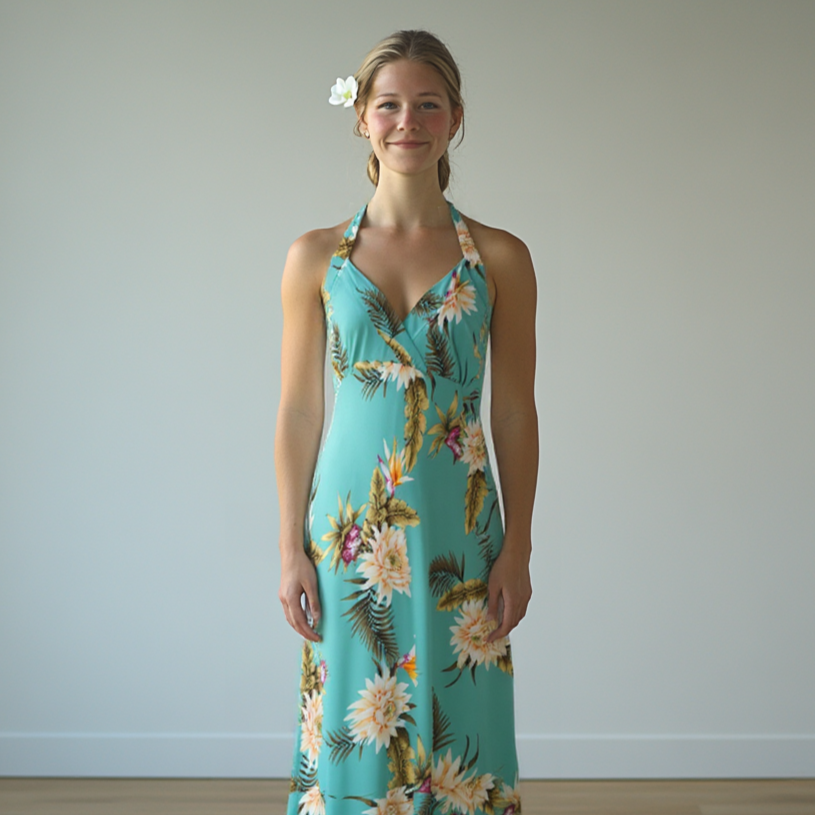 Halter Mid Length Teal Green Ceres Flower Print Hawaiian Dress XL Halter Mid Length Teal Green Ceres Flower Print Hawaiian Dress XL