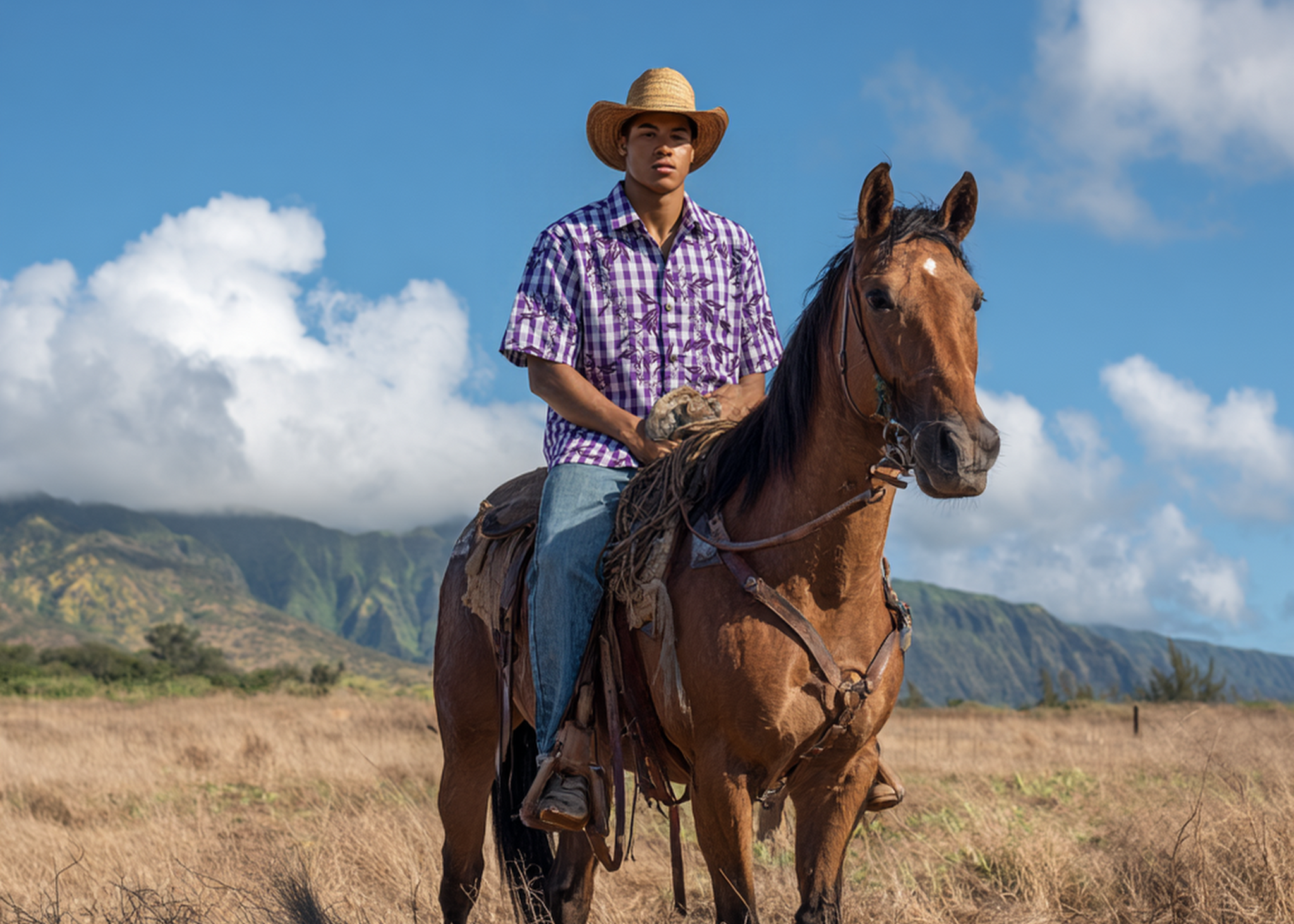 Hand printed purple maile puakenikeni on palaka 1