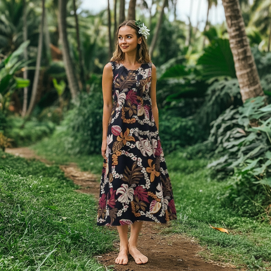 A-Line 2-Way Hawaiian Floral Lei Print Resort Dress Black MR143 | Muumuu Mall by Muumuu Rainbow A-Line 2-Way Hawaiian Floral Lei Print Resort Dress Black MR143 | Muumuu Mall by Muumuu Rainbow