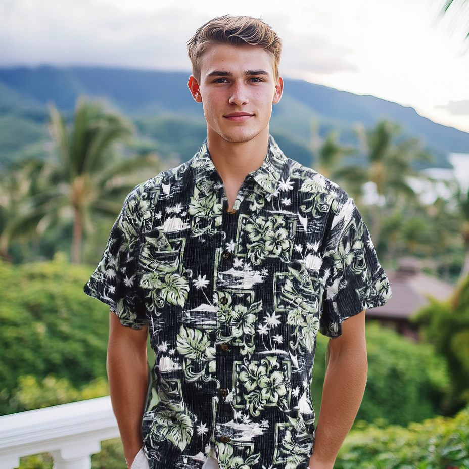 Hawaiian Kayak & Hibiscus Reverse Cotton Aloha Shirt | Muumuu