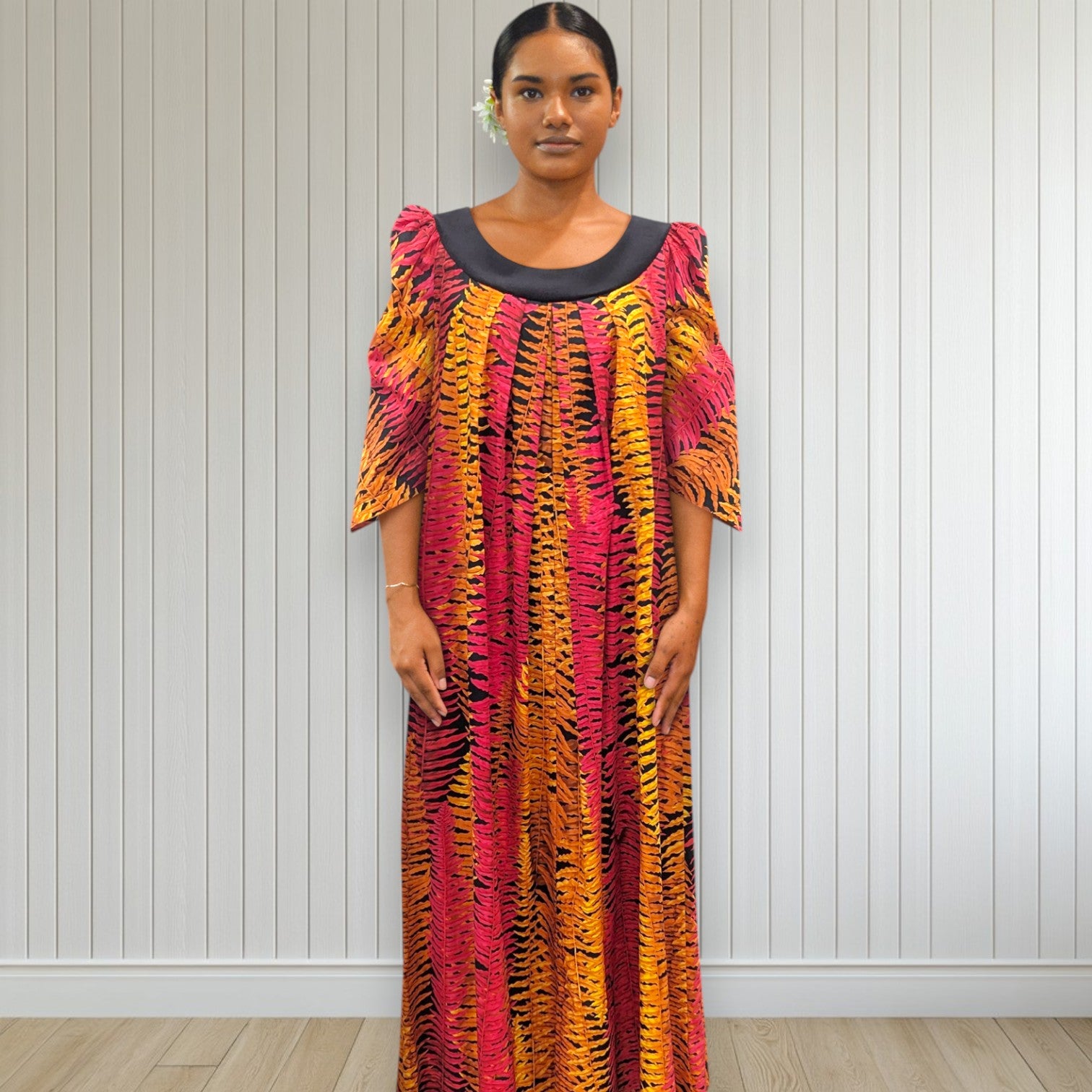 Hawaiian Fern Leaf Black Velvet Collar Orange Muumuu Dress 2081 / MR14 | Muumuu Mall by Muumuu Rainbow Hawaiian Fern Leaf Black Velvet Collar Orange Muumuu Dress 2081 / MR14 | Muumuu Mall by Muumuu Rainbow