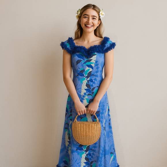 Hawaiian Muumuu Dress with Baby Ruffle Lei Floral Hawaiian Dress