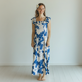Hawaiian Muumuu Dress in Cream and Blue Hibiscus Print - 0