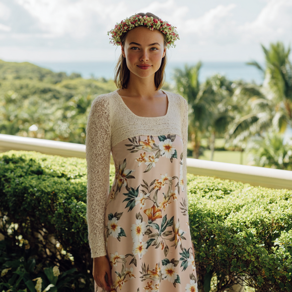 Island Bloom Hawaiian Dress – Beige Lace & Soft Floral Print Design  I 2034