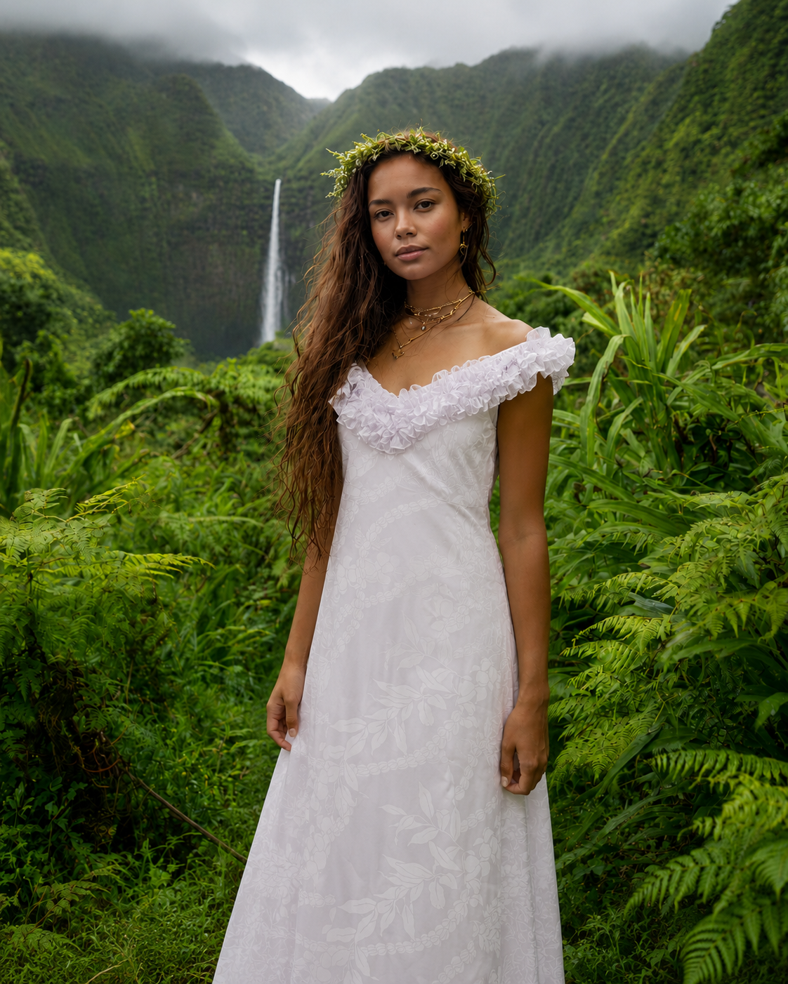 Island Lei Elegance Dress  White Ruffle Neckline & Flower Lei Print |  Muumuu Mall by Muumuu Rainbow