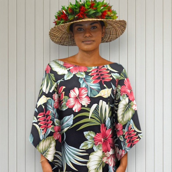 Kimono Sleeve Hawaiian Dress Black Hibiscus Heliconia
