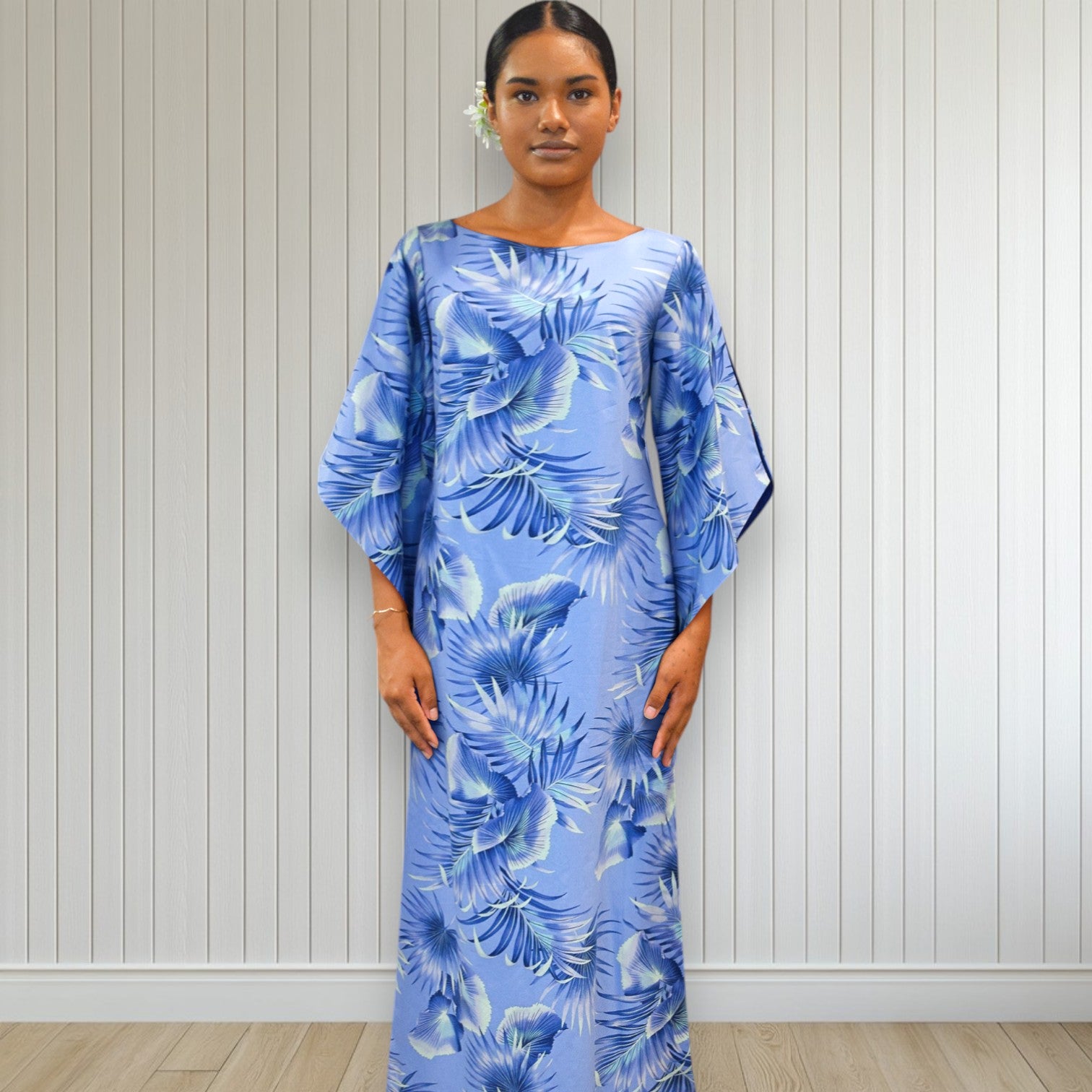 Kimono Sleeve Hawaiian Dress With Slit Design - Blue Fan Palm Leaf 2656 XL(16)