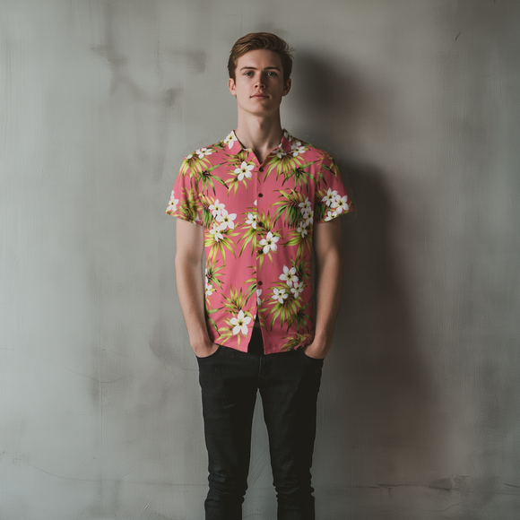 Light Pink Plumeria Print Rayon Aloha Shirt | Pink