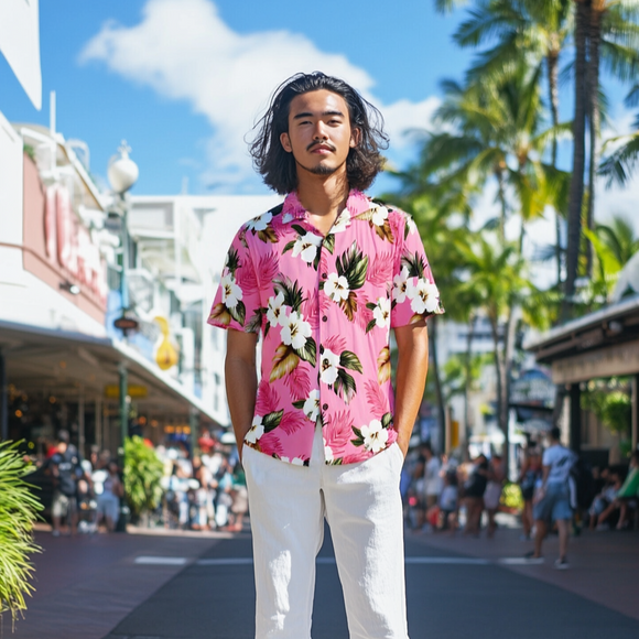 Light Pink Hibiscus Print Aloha Shirt
