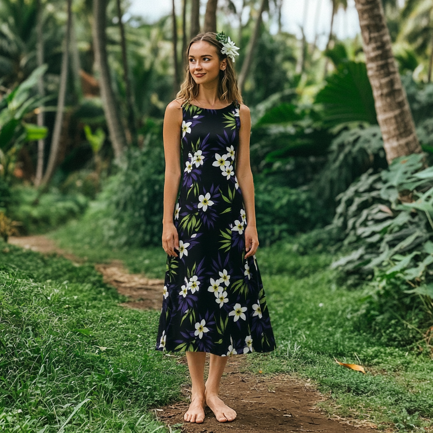Long Flare Sleeveless Plumeria Print Dress | Black | Muumuu Mall
