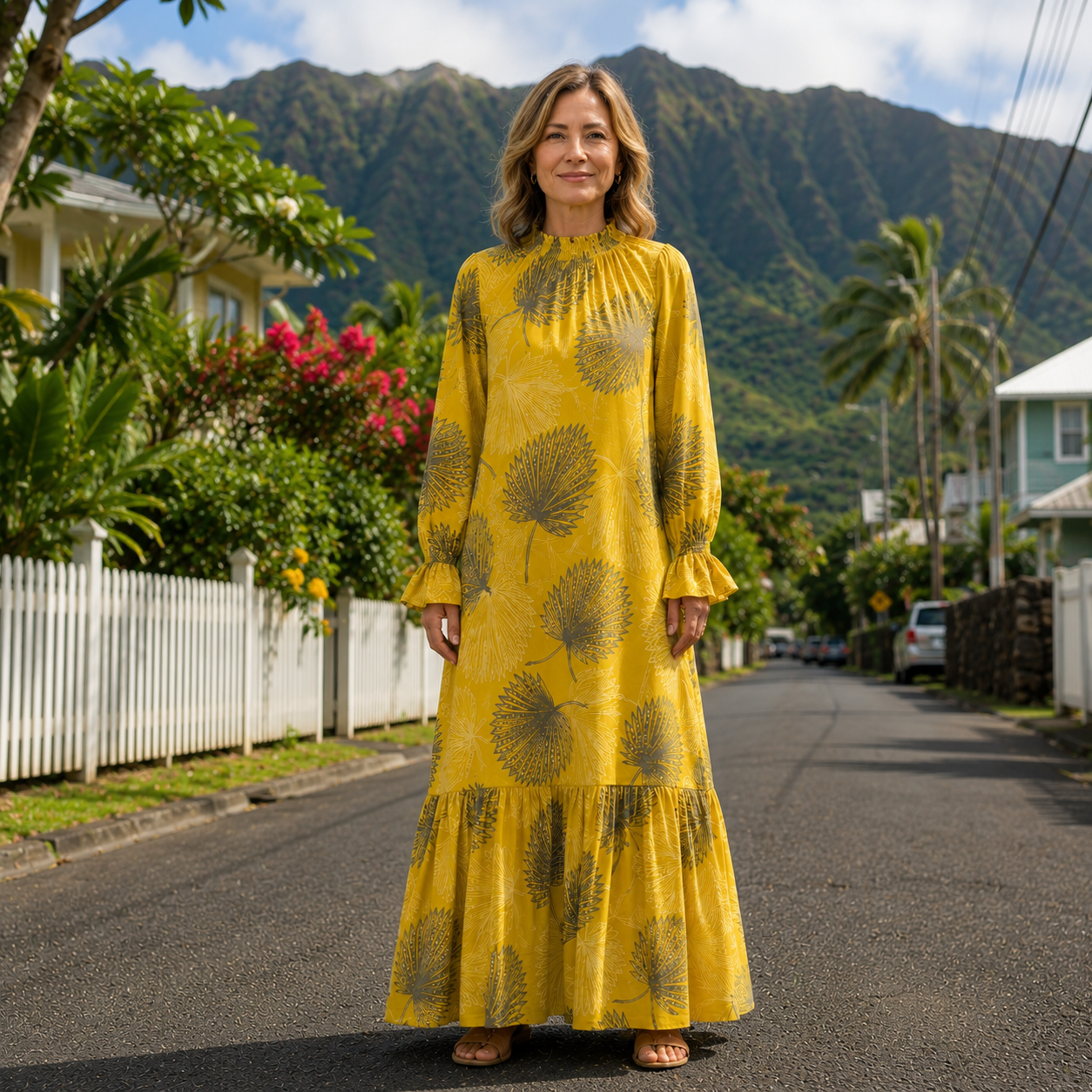 Long Sleeve Hawaiian Maxi Dress – High Neck & Ruffled Cuffs, Loulu Palm Leaf – PK Original Print Brown × White / M/L