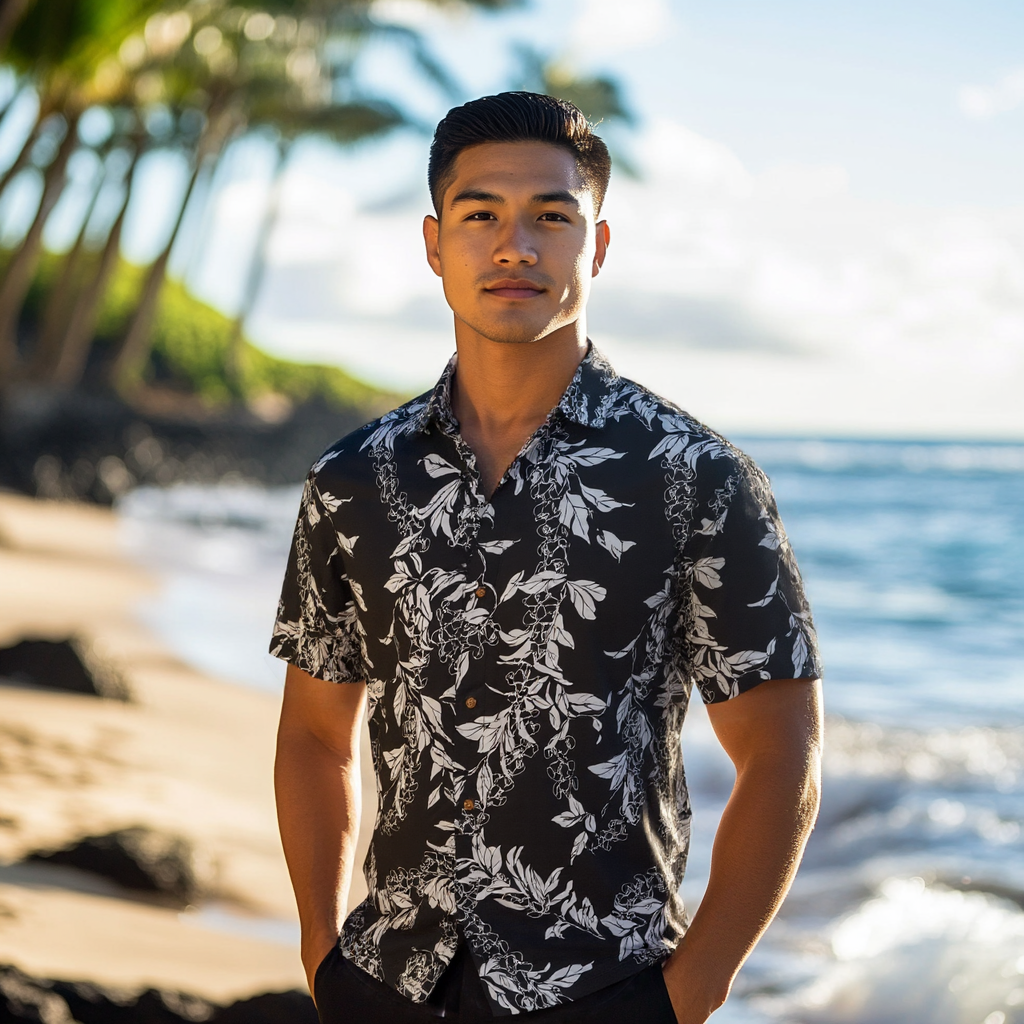 Mens Aloha Shirt l Hand Printed Black Maile Puakenikeni 018