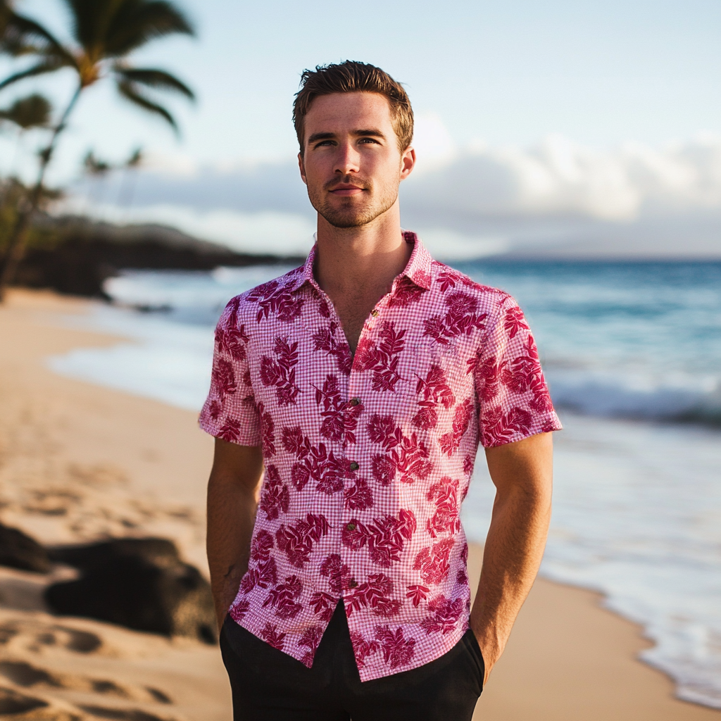 Mens Aloha Shirt l Hand Printed Red Ohia Lehua on Gingham - 018