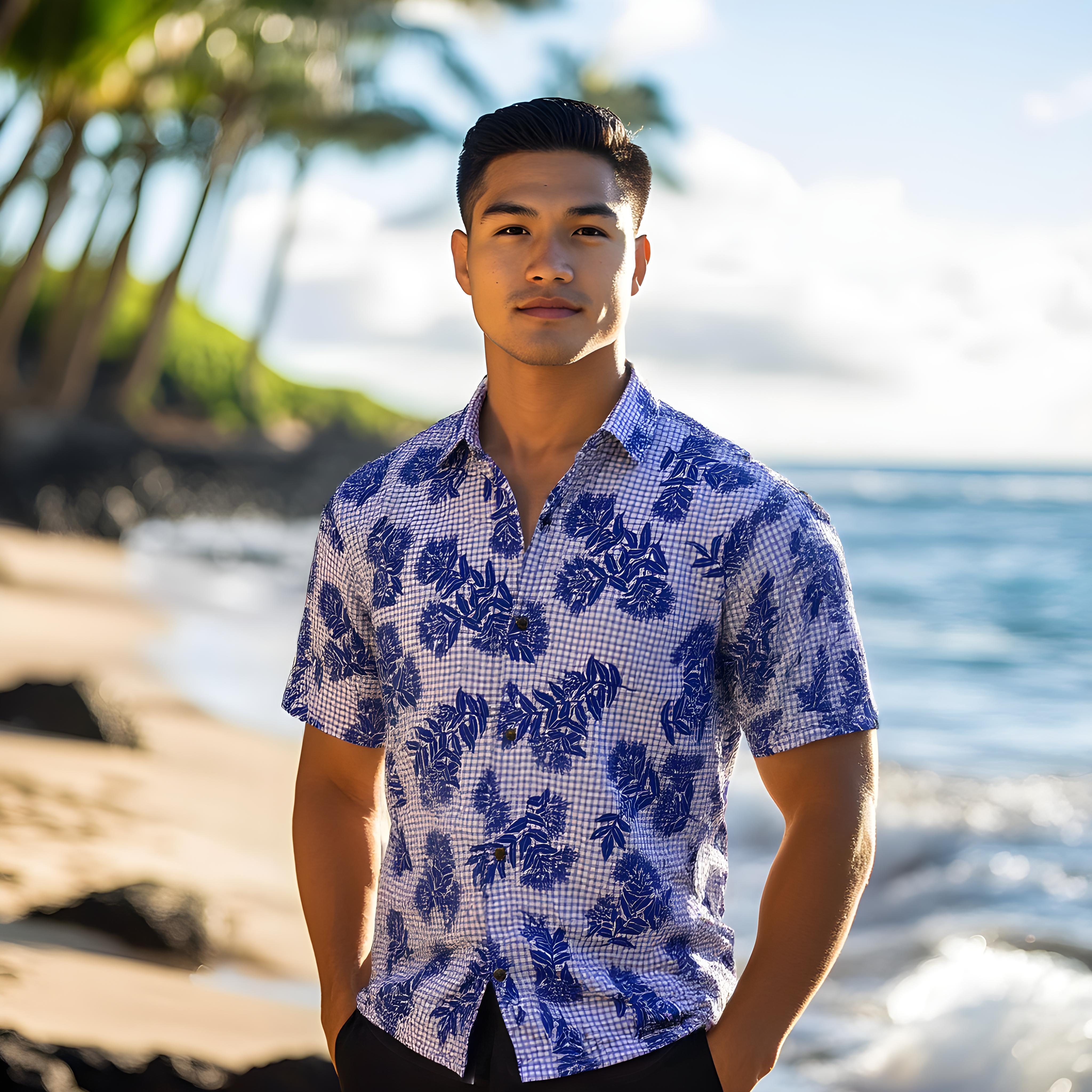 Mens Aloha Shirt l Hand Printed Blue Ohia Lehua on Lavender