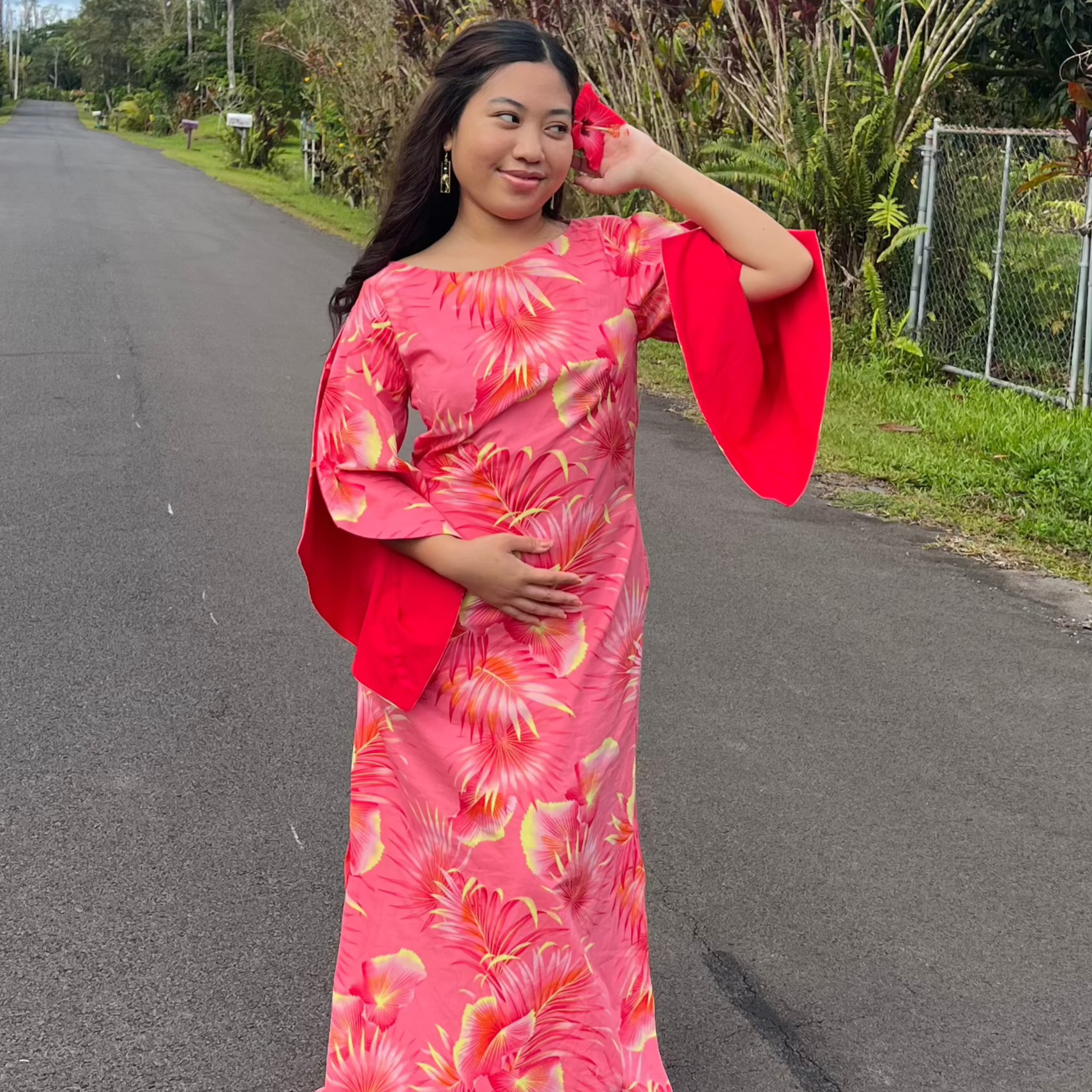 Peach Fan Palm Kimono Sleeve Hawaiian Dress Elegant Island Style Made in Hawaii L(12) Peach Fan Palm Kimono Sleeve Hawaiian Dress Elegant Island Style Made in Hawaii L(12)