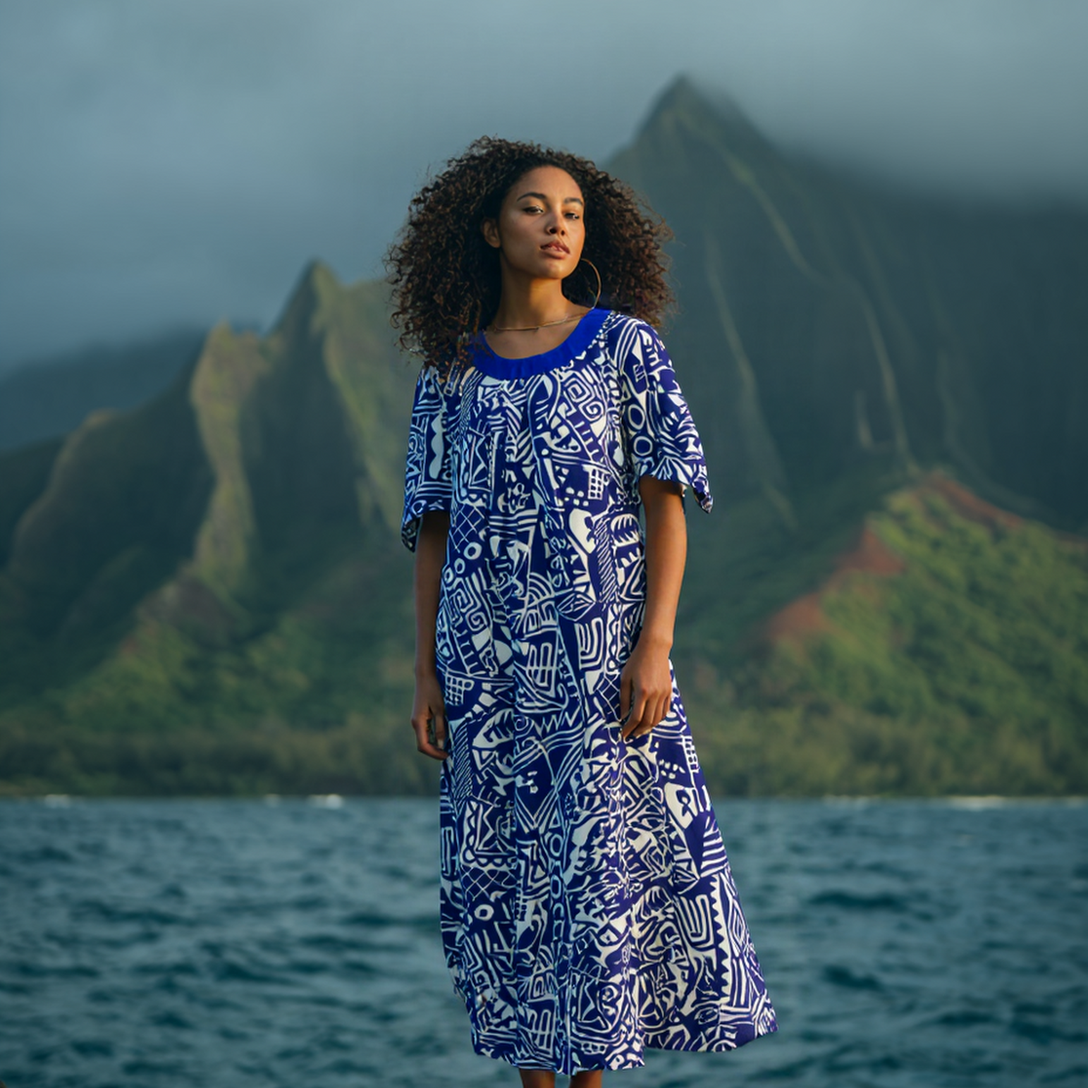 Midnight Blue Tapa Muumuu Dress with Velvet Collar / MR144