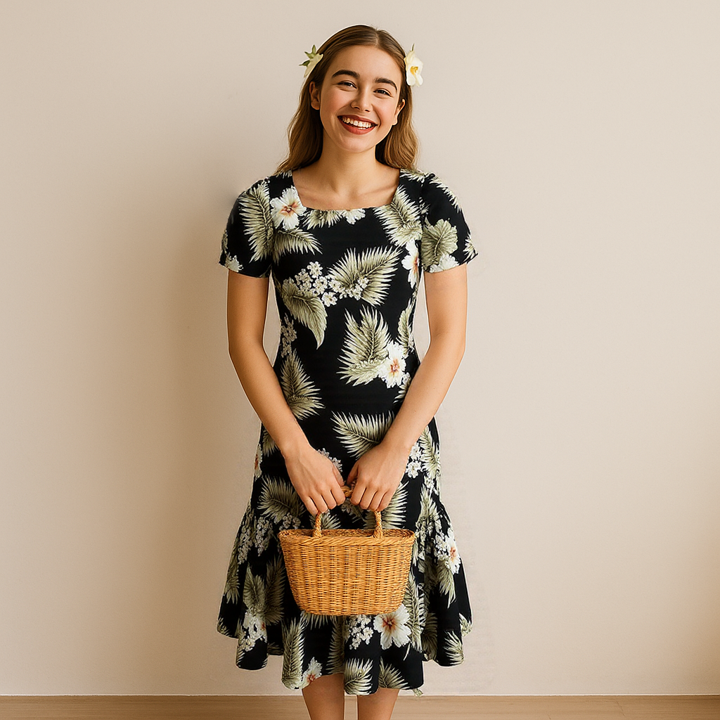 Muumuu Dress Black Hibiscus Cotton Mid Length L Muumuu Dress Black Hibiscus Cotton Mid Length L