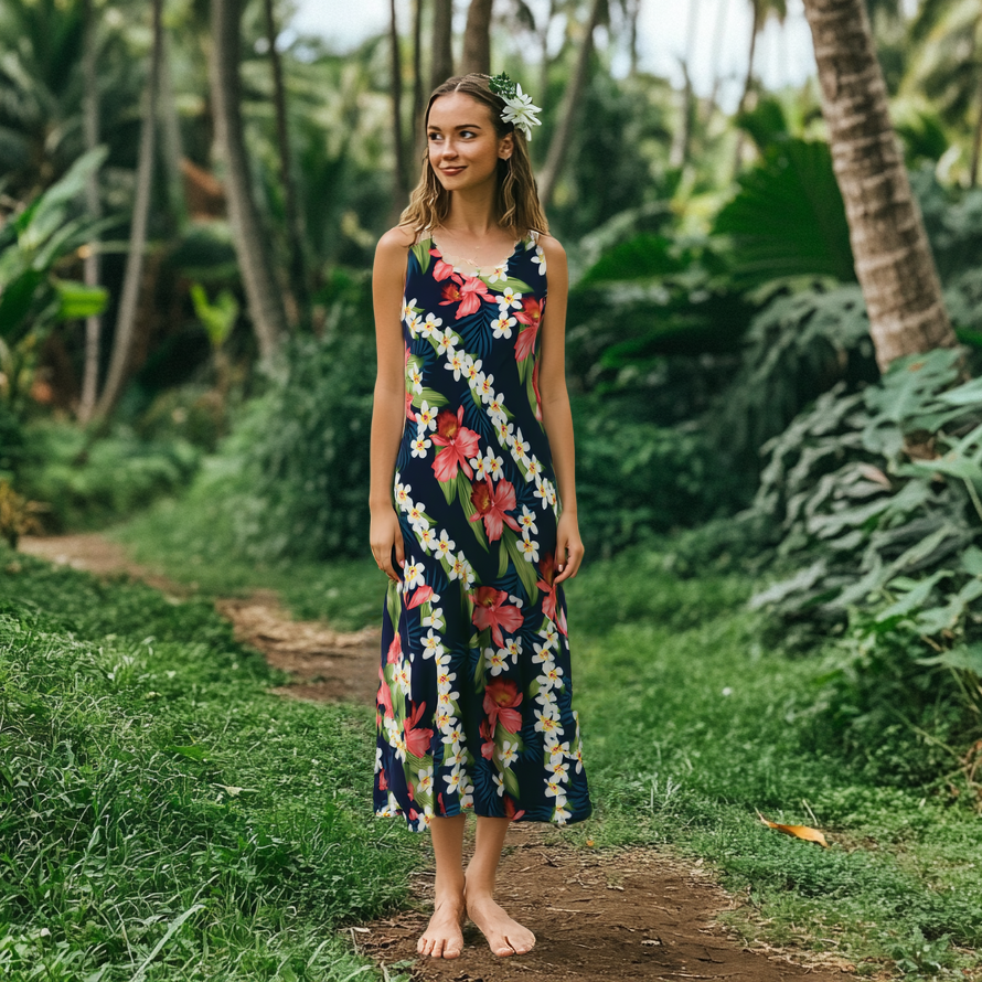 Navy Blue Orchid Floral Print Dress, Blue S Navy Blue Orchid Floral Print Dress, Blue S
