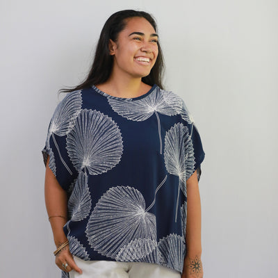 Navy Palm leaf print top