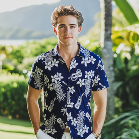 Navy and White Ukulele Hawaiian Shirt