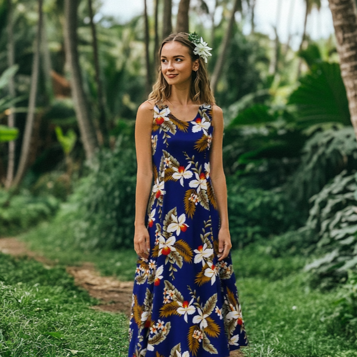 Navy Blue Orchid Floral Print Dress, Blue XL Navy Blue Orchid Floral Print Dress, Blue XL