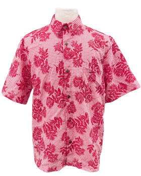 Mens Aloha Shirt Hand Printed Red