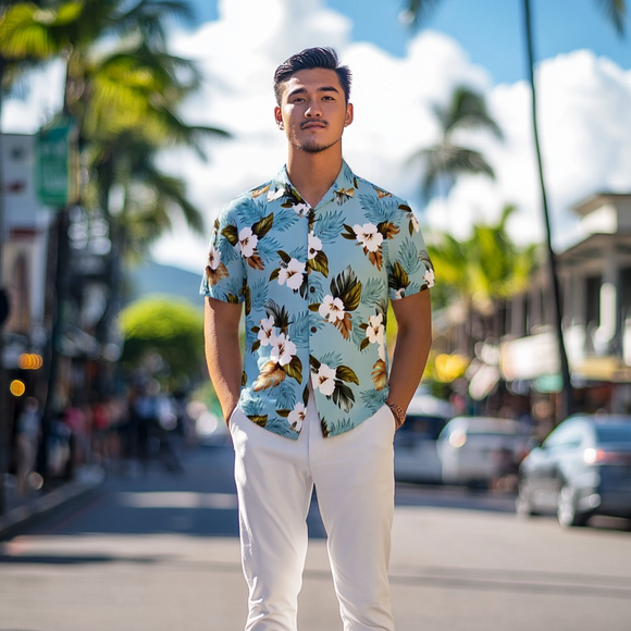 Pastel Blue Hibiscus Print Aloha Shirt
