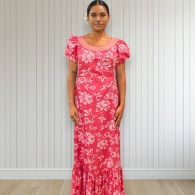 Pink Puff Sleeve Flower Hand Print Hawaiian Dress