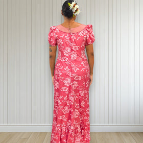 Pink Puff Sleeve Flower Hand Print Hawaiian Dress