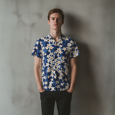 Plumeria Cotton Hawaiian Shirt Blue