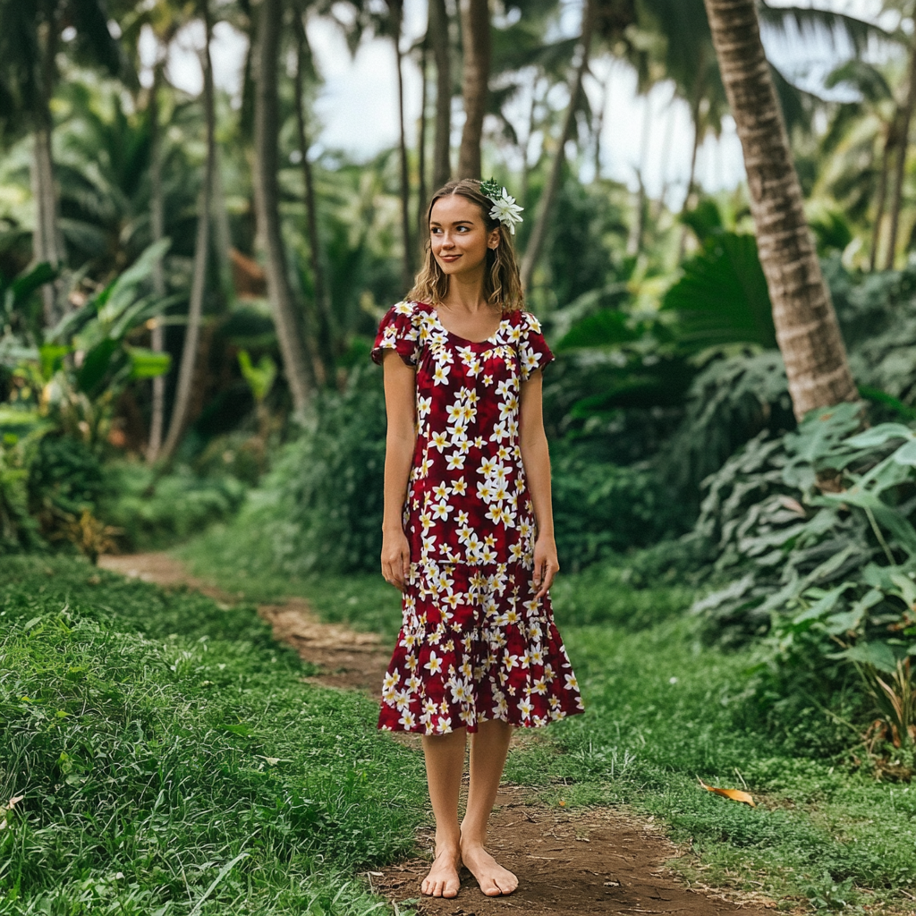 Cute Plumeria Flower Mid-Length Red Muumuu L
