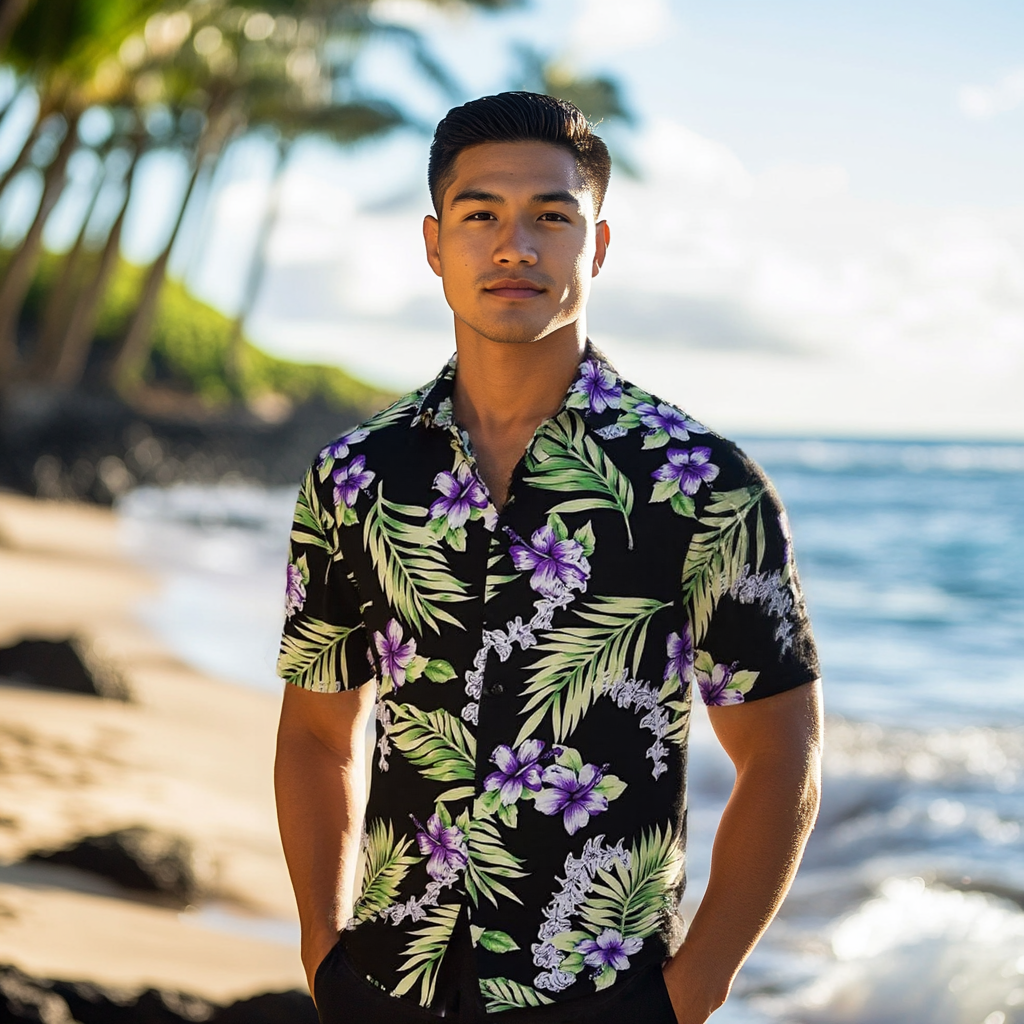 Purple Hibiscus and Tuberose Black Hawaiian Shirt for Vacation