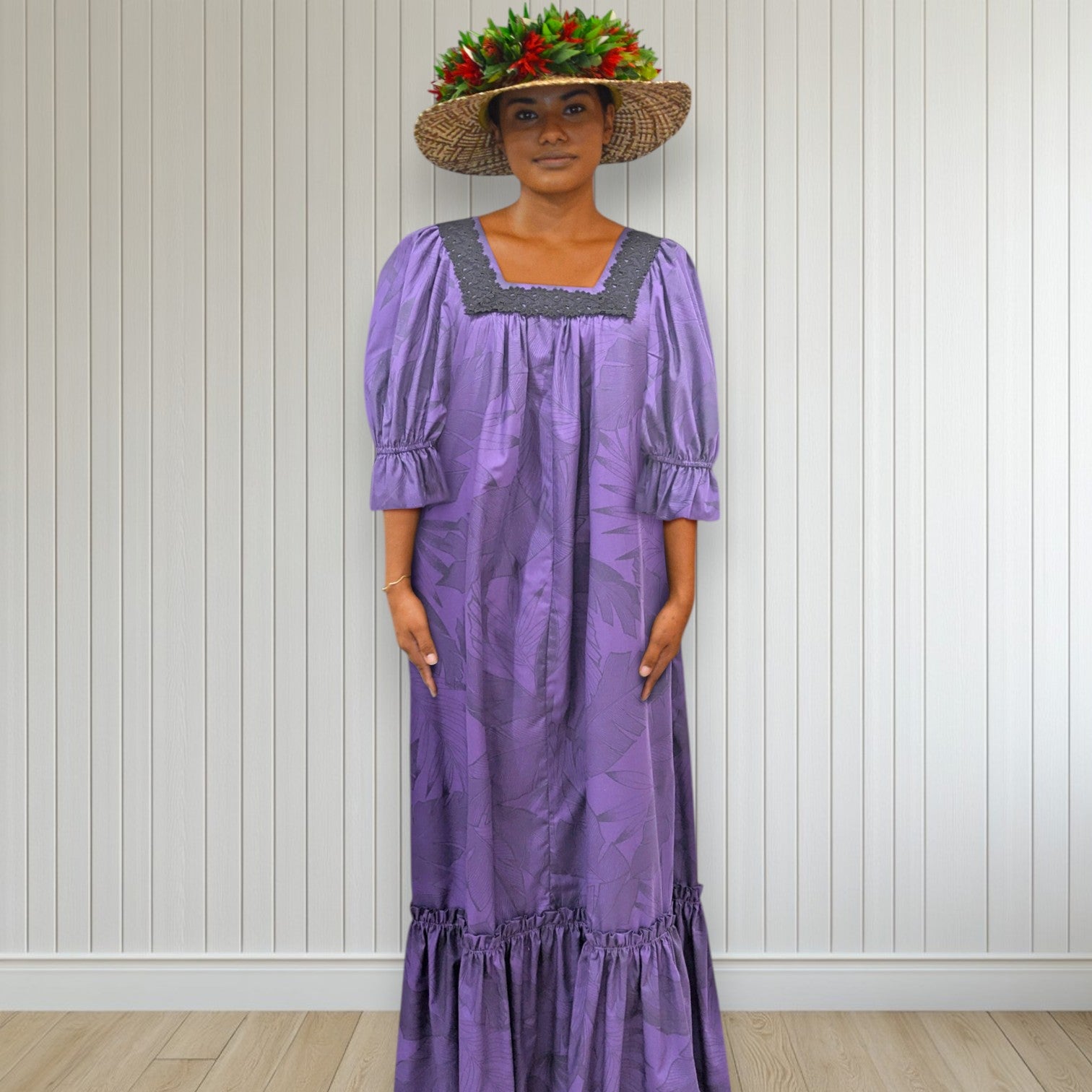 Original Print Purple Muumuu with Elegant Black Lace Trim 8891 10-12